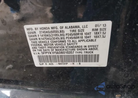 2013 Honda Ridgeline Rtl из США, поврежденный, VIN 5FPYK1F56DB010357